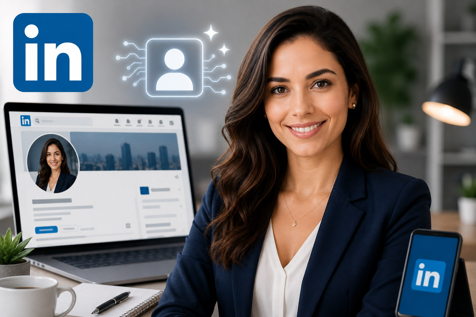 Profissional em ambiente corporativo ao lado de perfil do LinkedIn e elementos visuais de inteligência artificial para criação de fotos profissionais.