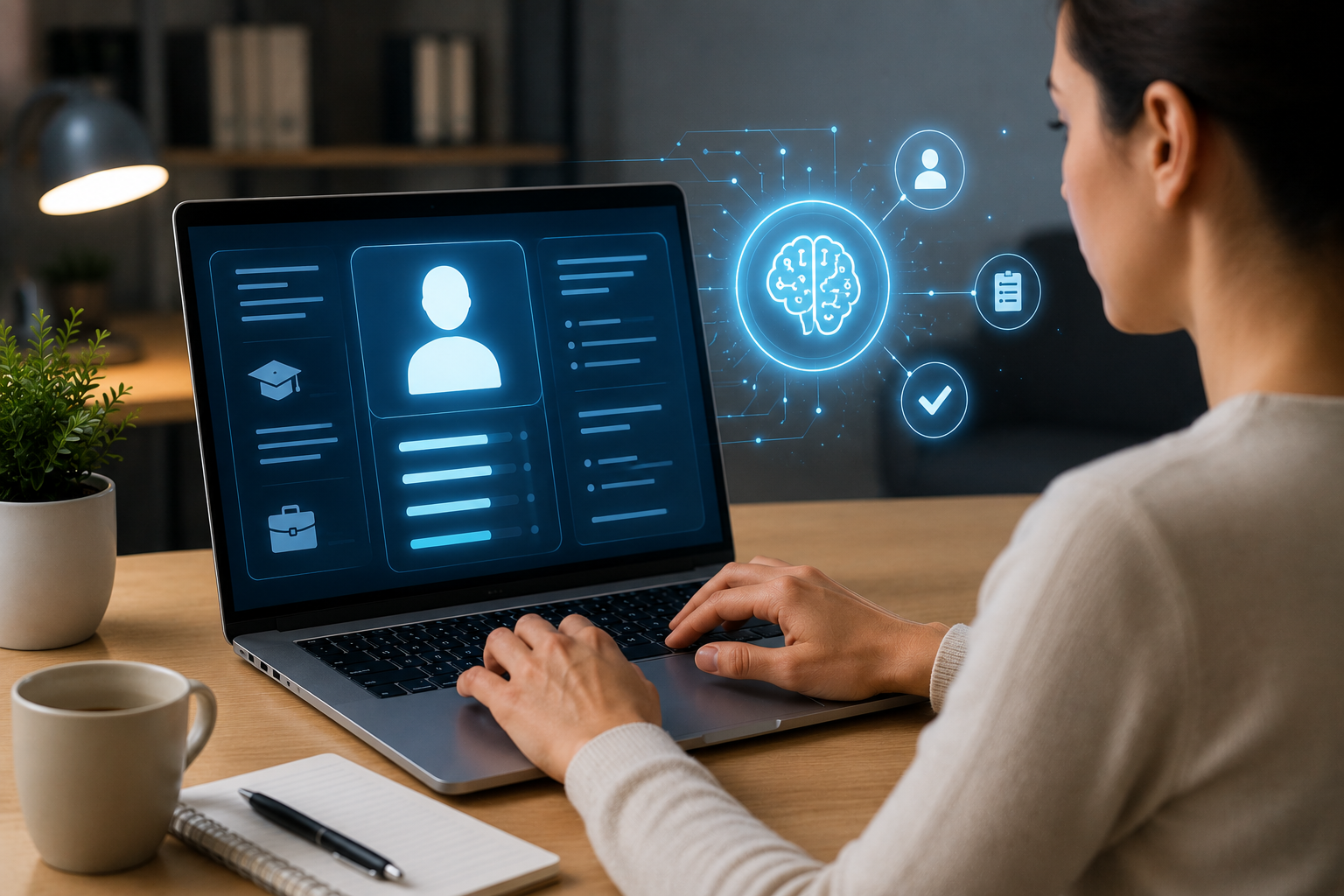 Profissional utilizando inteligência artificial para criar e otimizar currículo em computador com recursos digitais de recrutamento.