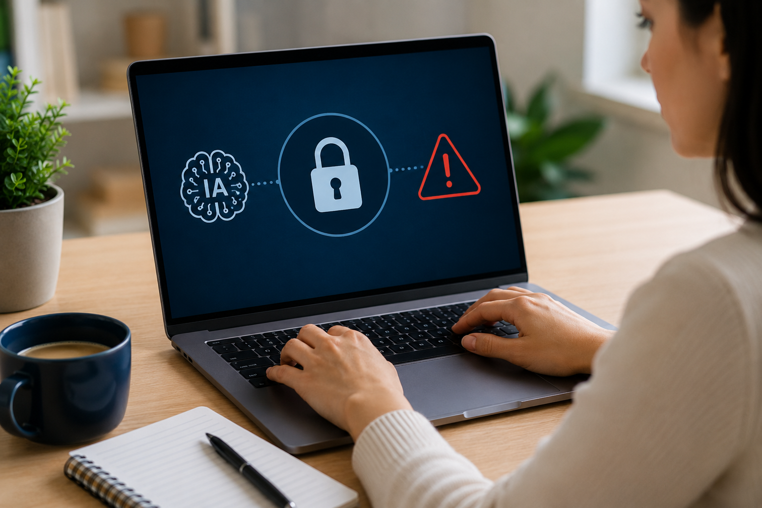 Pessoa utilizando notebook com ícones de inteligência artificial, segurança digital e alerta de risco em ambiente de trabalho moderno.