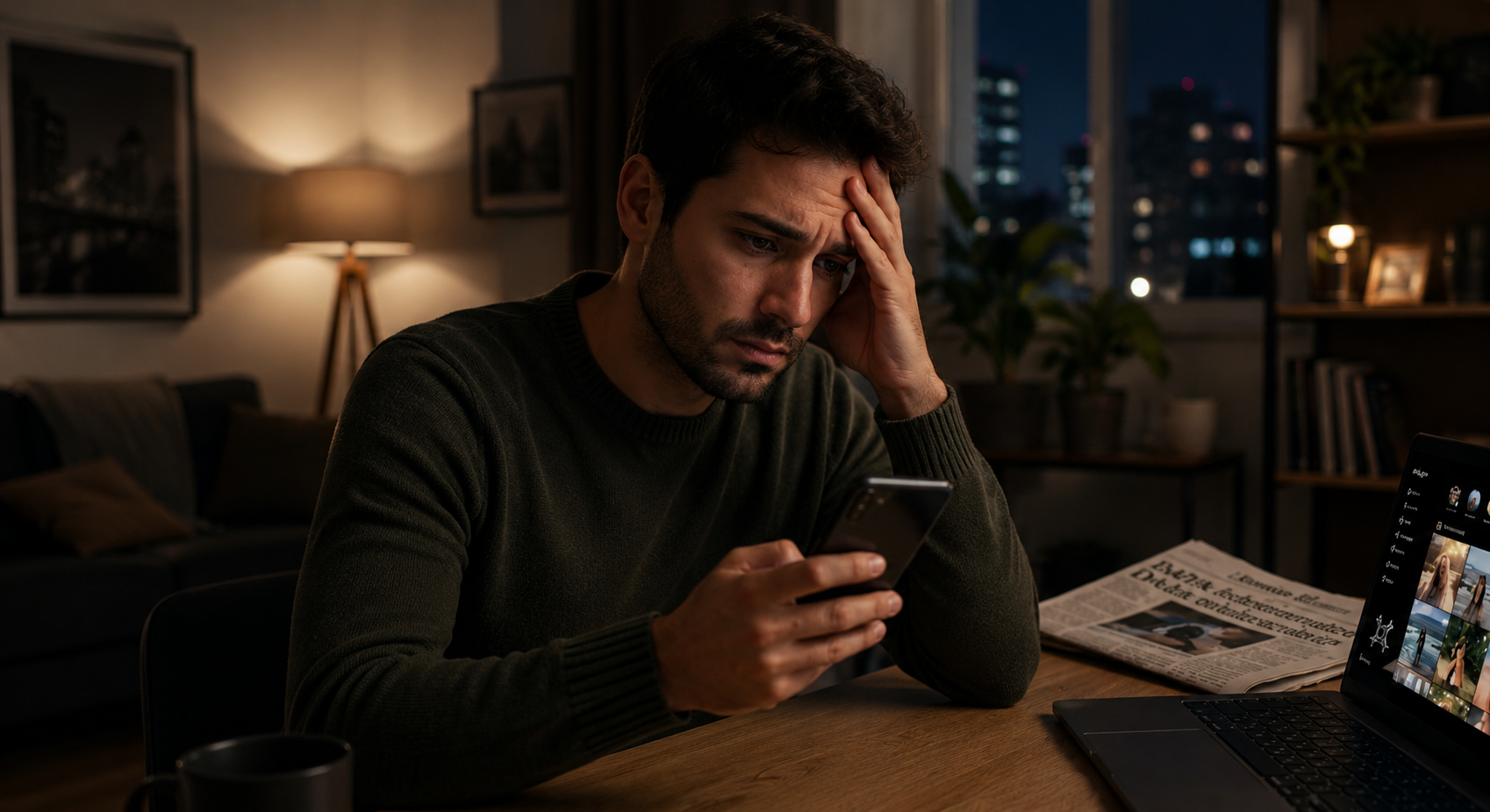 Homem preocupado olhando para o celular à noite ao lado de um notebook, ilustrando a reação a uma quebra na segurança de dados no Instagram.