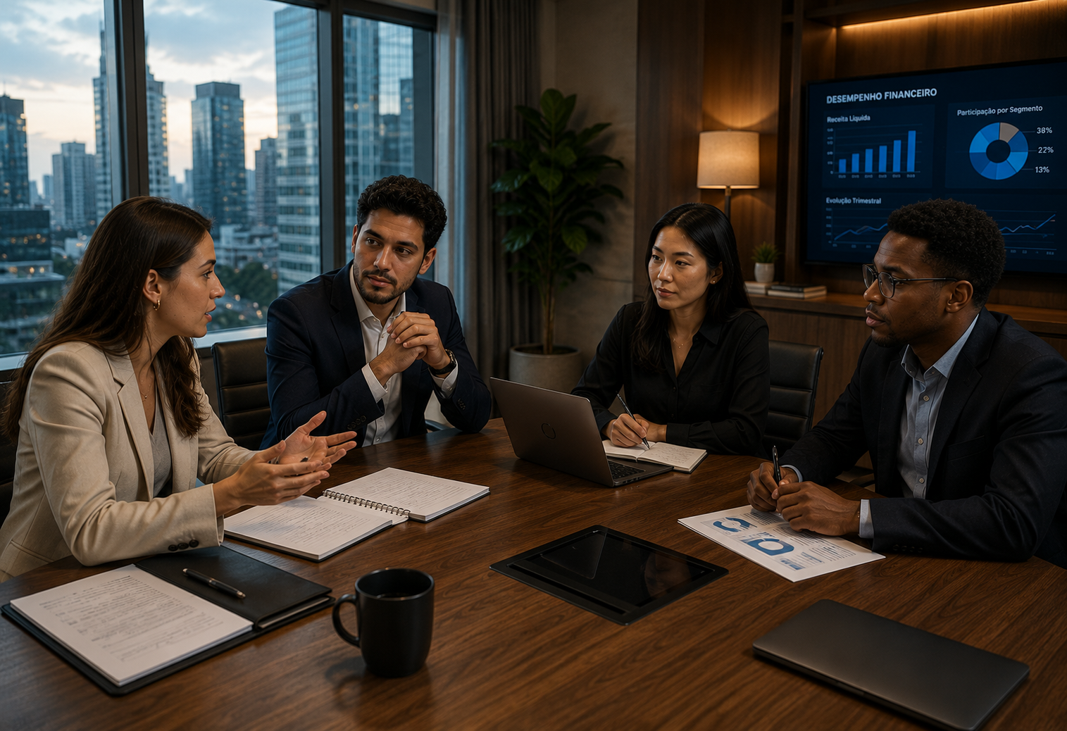 Executivos reunidos em uma mesa corporativa debatendo investimentos e regulamentações para o mercado de tecnologia.