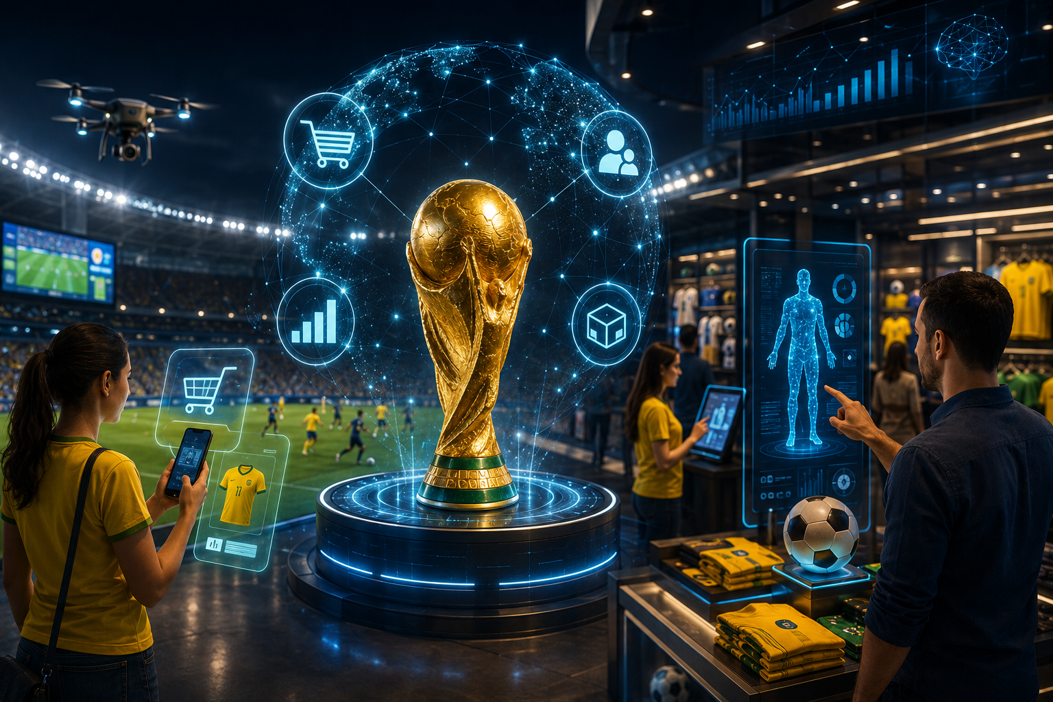 Consumidores interagindo com projeções holográficas de produtos e dados logísticos de IA na Copa do Mundo em uma loja inteligente.