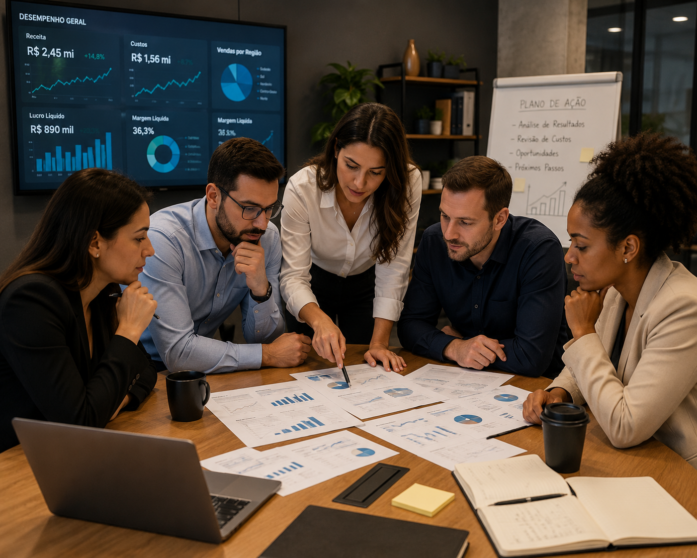 Profissionais reunidos analisando dados e relatórios corporativos para estruturar a implementação da inteligência artificial.