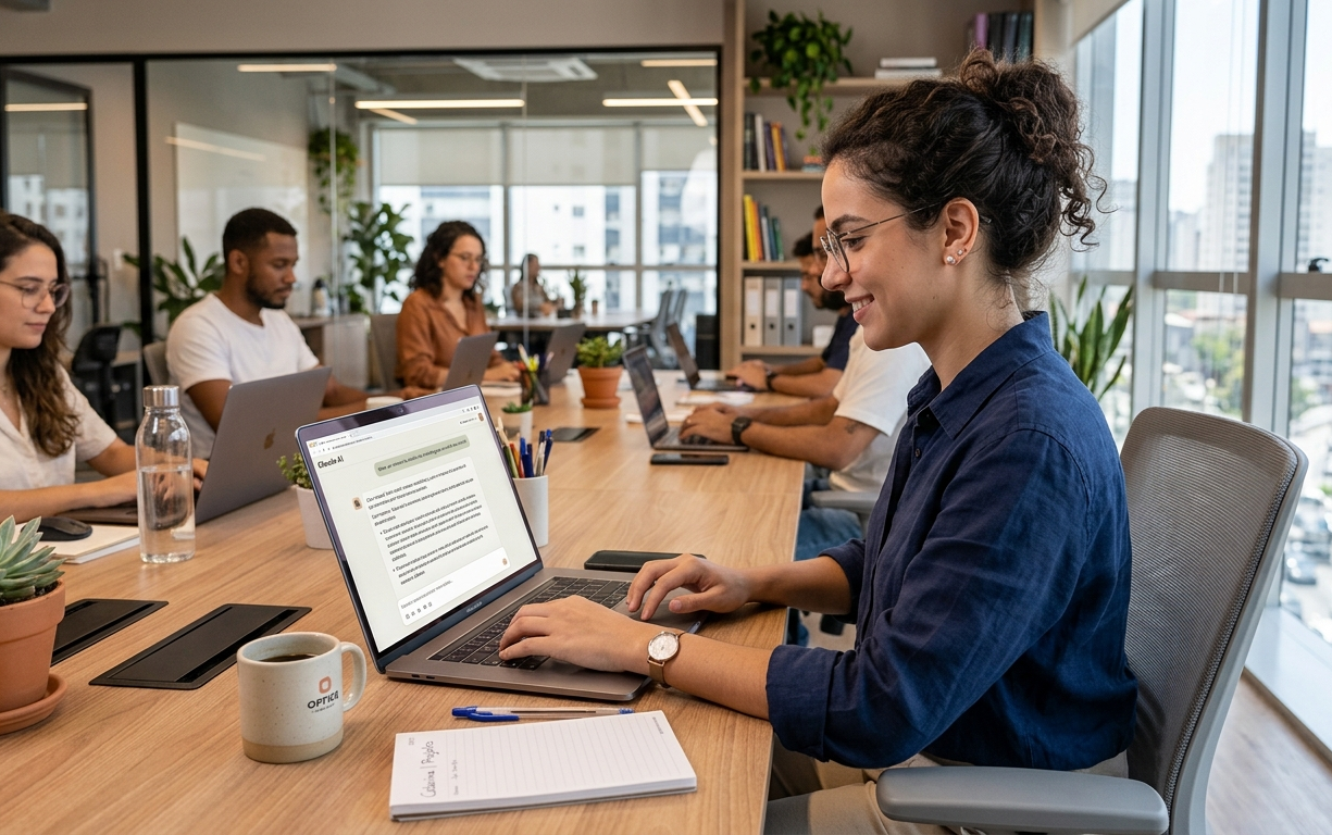 Uma mulher jovem com óculos e cabelo cacheado está sentada em um escritório de co-working moderno e luminoso, sorrindo e olhando para a tela de seu laptop que exibe uma interface de chat de IA. Ao fundo, outras pessoas trabalham em uma mesa compartilhada. Há uma caneca com o logotipo 'OETKER', um caderno e canetas sobre a mesa de madeira.