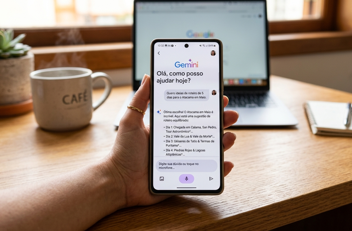 Pessoa utilizando um smartphone com assistente de inteligência artificial aberto, enquanto trabalha em uma mesa com notebook e bloco de anotações ao fundo.