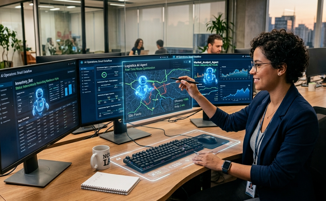 Uma mulher negra de óculos e blazer azul, sentada em um escritório moderno em São Paulo, sorri enquanto aponta para um monitor de computador que exibe um holograma azul de um mapa de rotas. O monitor mostra a interface de 'Agentes Autônomos de IA', incluindo bots de logística e inventário.