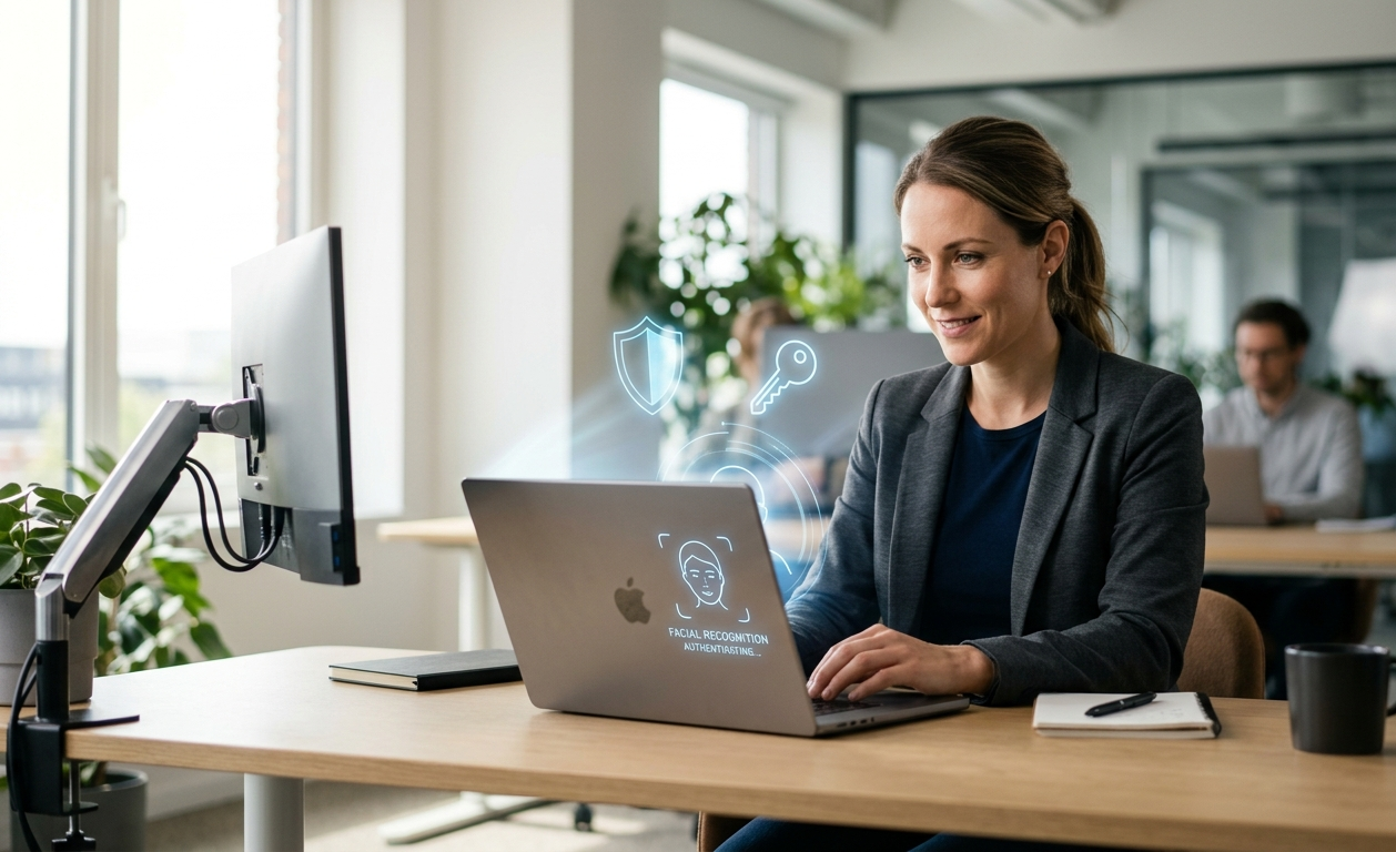 Profissional utilizando autenticação sem senha por reconhecimento facial para acessar o notebook em um ambiente de escritório moderno