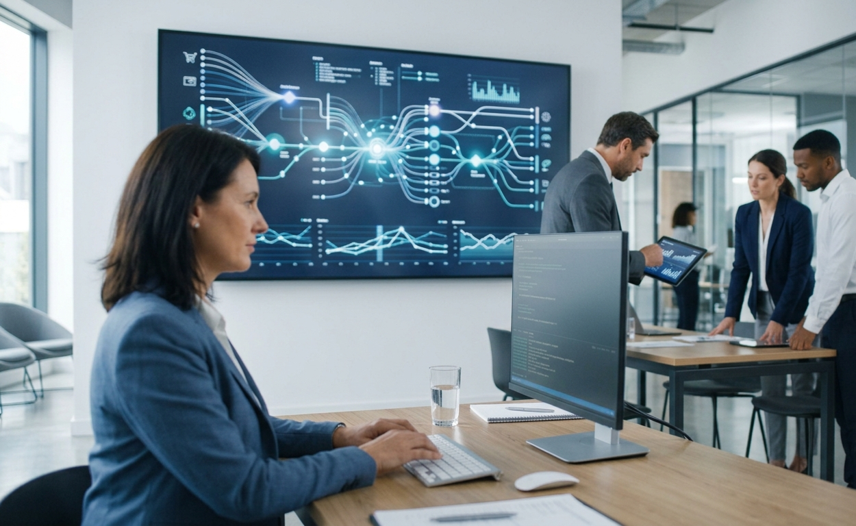 Mulher trabalhando em um computador em primeiro plano, com uma TV exibindo dados integrados e executivos discutindo ao fundo, representando a integração de sistemas empresariais