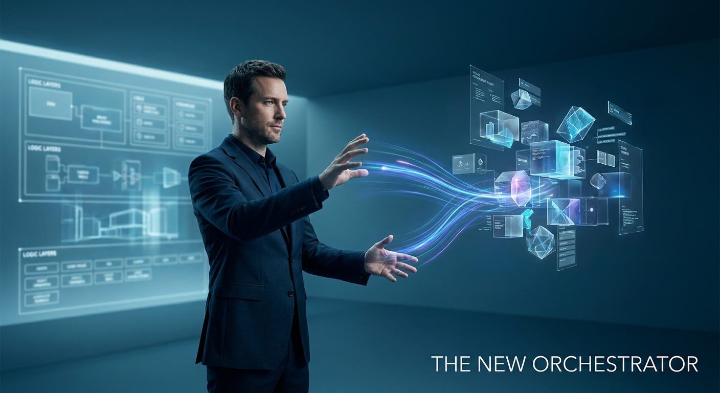 Homem de terno interagindo com uma interface holográfica de dados. Texto: The New Orchestrator