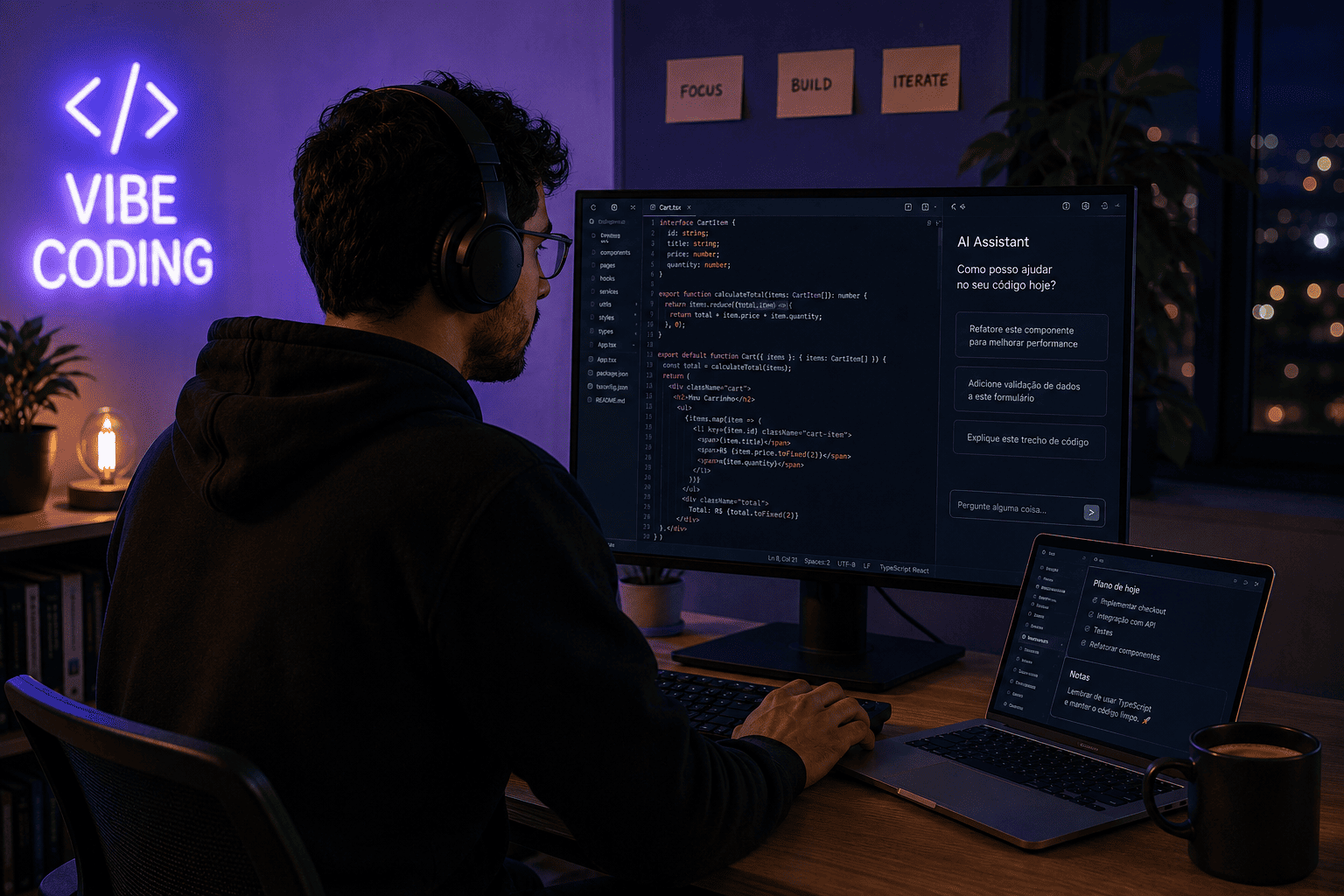 Desenvolvedor praticando vibe coding à noite, com editor de código e assistente de IA no monitor ultrawide.