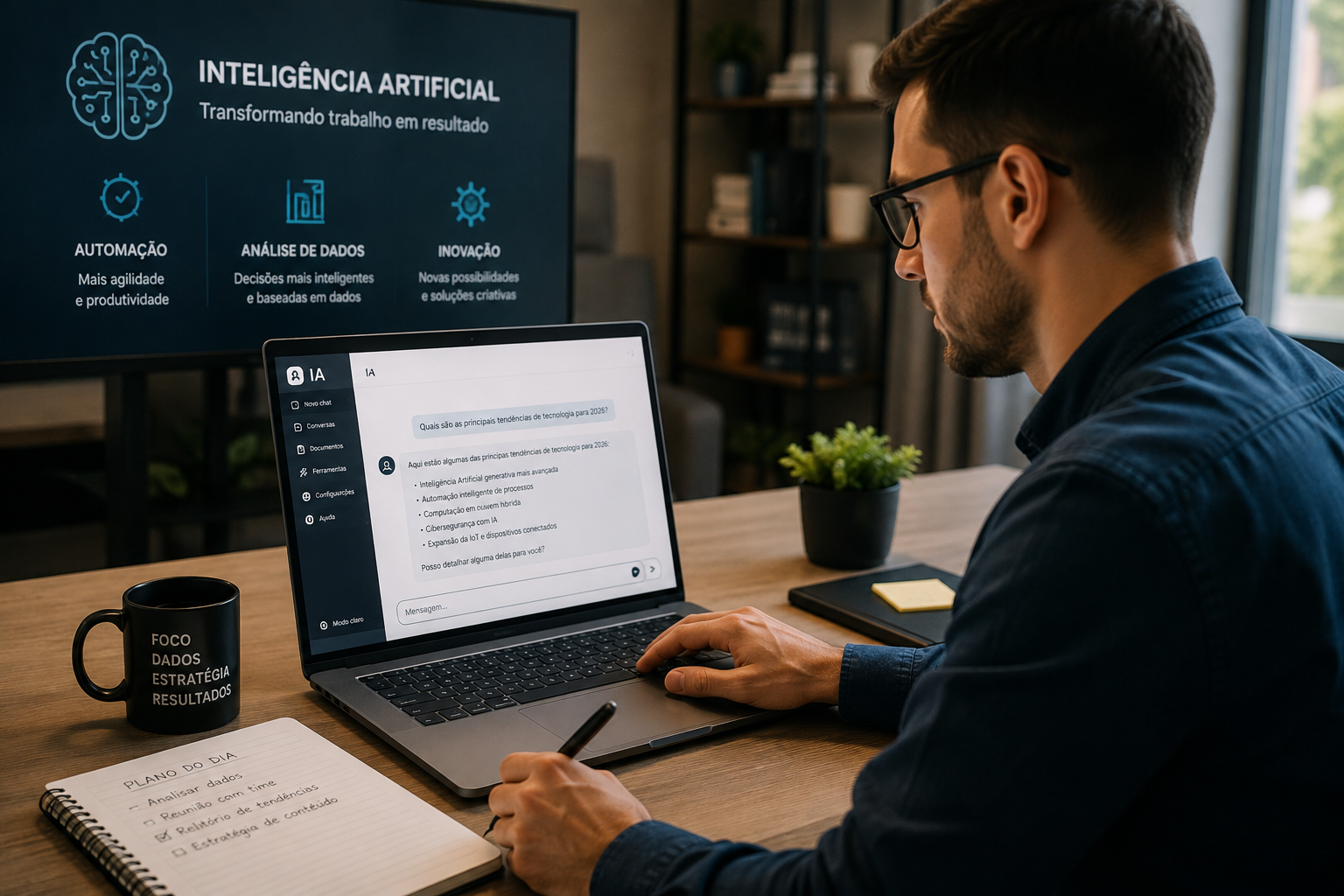Homem utilizando inteligência artificial no trabalho, com foco em como usar IA sem vazar dados corporativos.