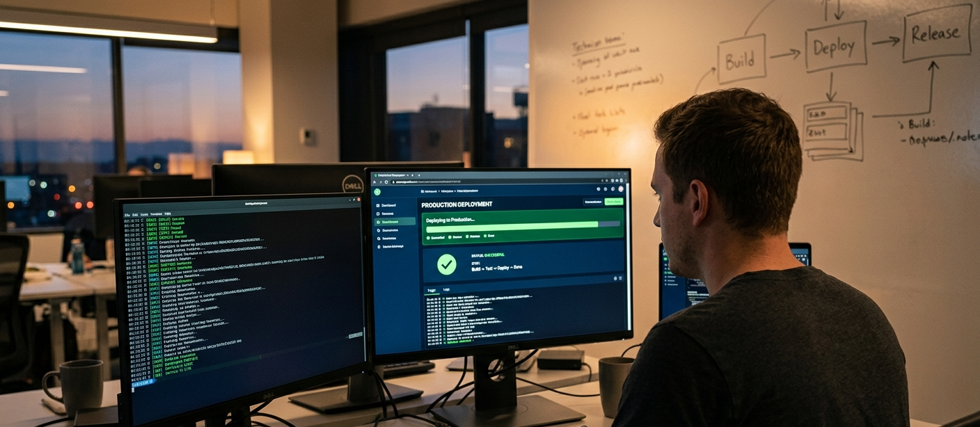 Um desenvolvedor de software, vestindo camiseta cinza, sentado de costas em uma estação de trabalho moderna ao entardecer. Ele está focado em dois monitores enquanto executa um deploy. O monitor principal (direito) exibe um painel verde com uma barra de progresso e o texto "Deploying...". O monitor esquerdo mostra um terminal de comando com logs rolando. Sua mão está próxima ao teclado. Ao fundo, desfocado, um quadro branco mostra o fluxo "Build", "Deploy" e "Release". Esta imagem ilustra na prática o que é deploy de software.