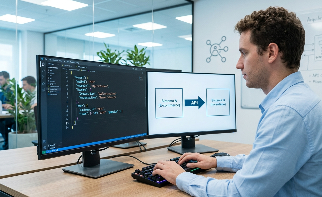 Um desenvolvedor de camisa azul trabalha em um escritório iluminado em frente a dois monitores. A tela esquerda mostra código de programação. A tela direita exibe um diagrama técnico ilustrando o que é API: uma seta rotulada 'API' conecta dois blocos chamados 'Sistema A (E-commerce)' e 'Sistema B (Inventário)', mostrando como eles conversam entre si. Ao fundo, um quadro branco com anotações de arquitetura.