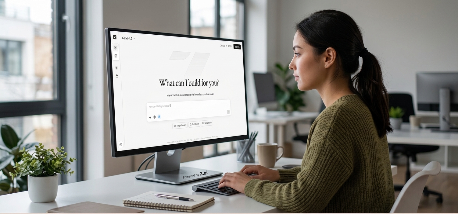 Uma profissional de TI concentrada, com a mão no teclado, observando a tela inicial da ferramenta Z.ai com o modelo GLM-4.7. Ela se prepara para inserir um prompt e iniciar um diagnóstico de cibersegurança, em um escritório moderno com iluminação natural.