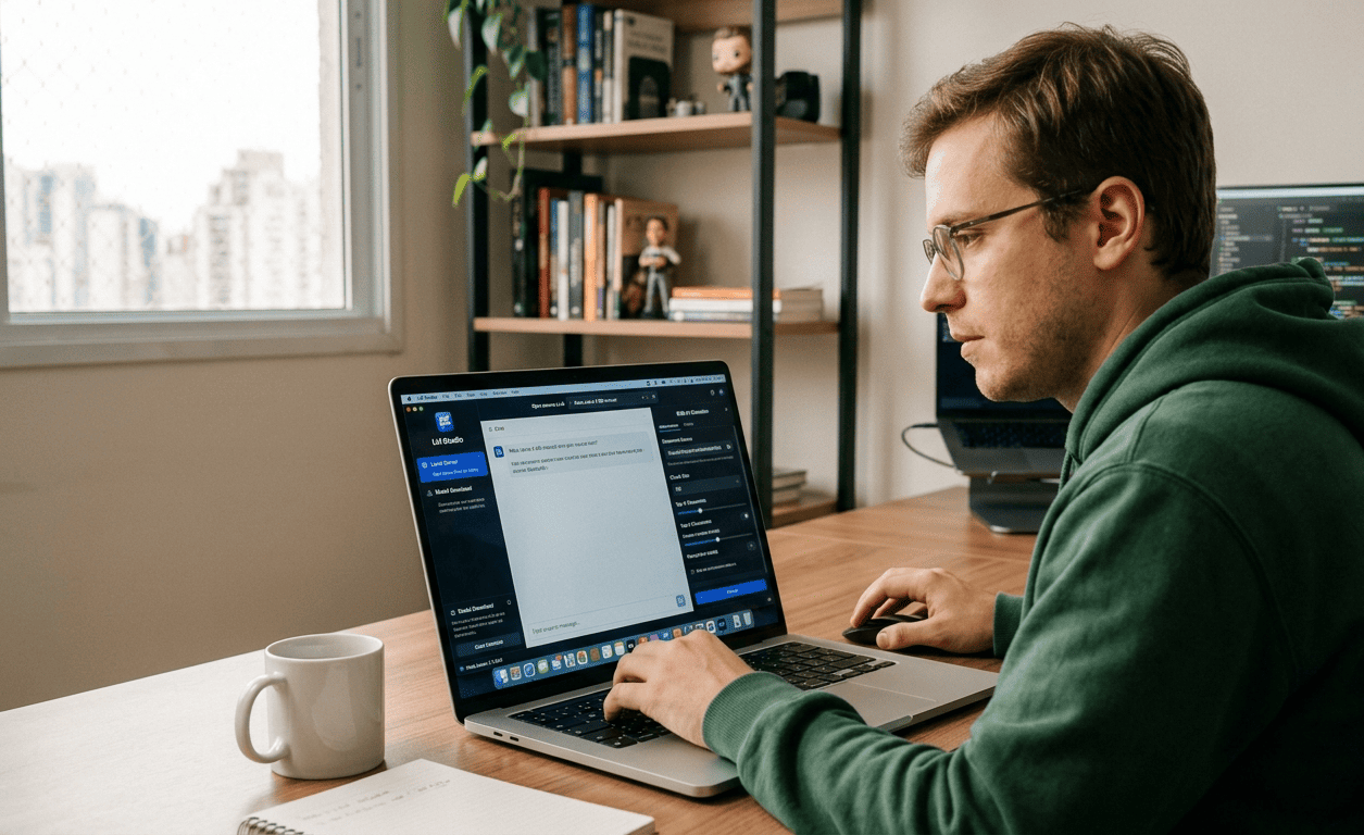 Homem de óculos e casaco verde sentado em uma mesa de madeira, digitando em um notebook que exibe a interface do software LM Studio com a funcionalidade RAG-v1 ativa.