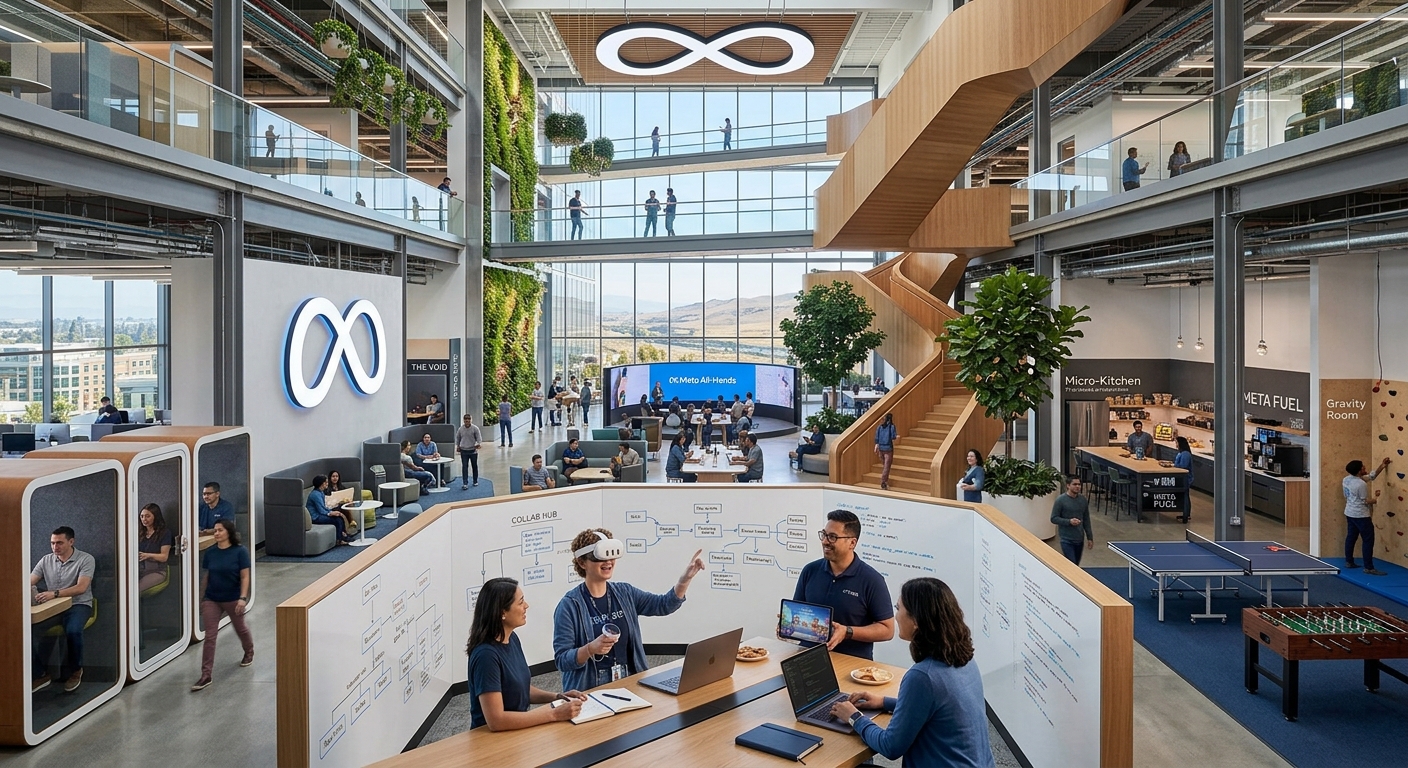 Uma fotografia panorâmica do átrio de vários níveis do escritório "Open Innovation Hub" da Meta. No primeiro plano, uma equipe de engenheiros colabora em uma mesa, um deles usando um headset VR da Meta. Ao fundo, uma enorme parede de vidro iluminada exibe o texto em português: "MODELOS DE INTELIGÊNCIA ARTIFICIAL DE CÓDIGO ABERTO". O espaço é repleto de luz natural, vegetação vertical e outros funcionários trabalhando em áreas de colaboração, simbolizando inovação aberta.