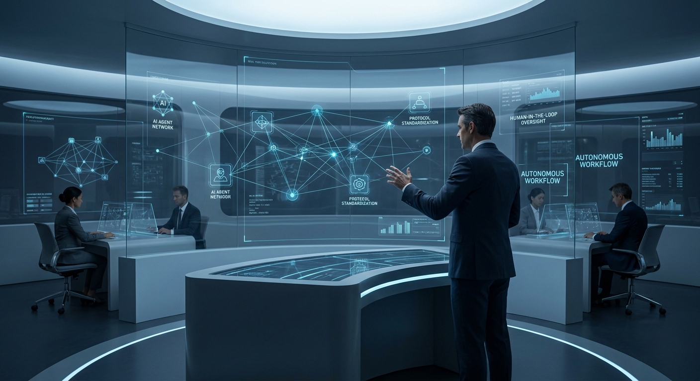 Homem em centro de comando futurista gesticula para tela holográfica exibindo rede de agentes de IA e fluxos de trabalho