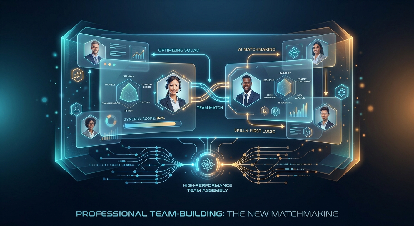 Interface digital de IA para formação de equipes, analisando habilidades e sinergia entre perfis profissionais