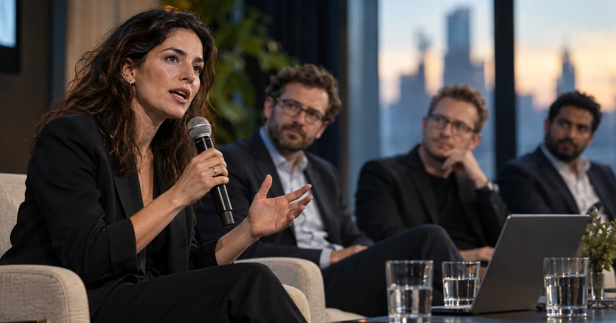 Experta tomando la palabra en un panel tecnológico con tres hombres al fondo; escena ficticia generada con IA.