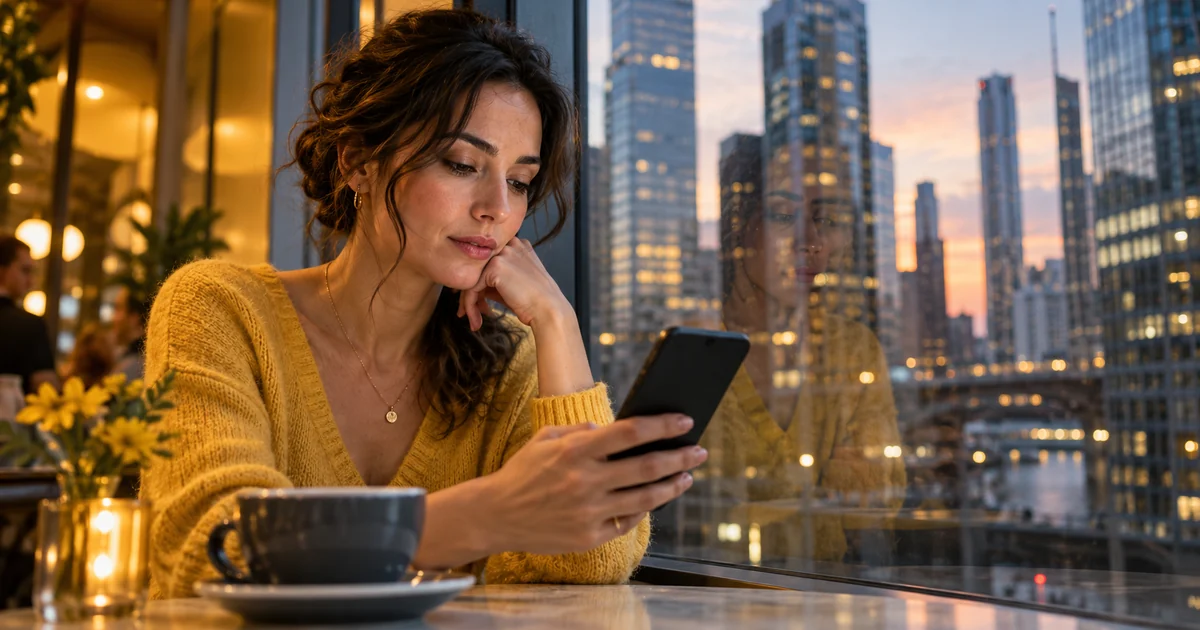 Mujer consultando su teléfono junto a una ventana con edificios de oficinas al fondo; escena ficticia generada con IA.