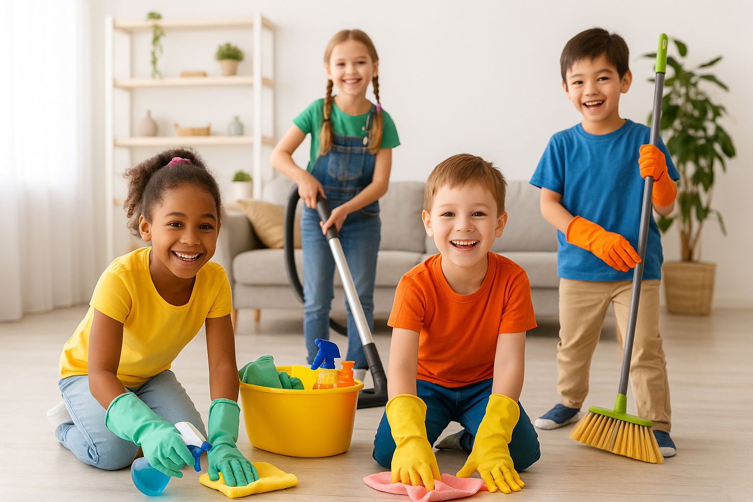 Four diverse children happily cleaning a room together: one wiping the floor, one with a spray bottle, one with a vacuum, and one with a broom.