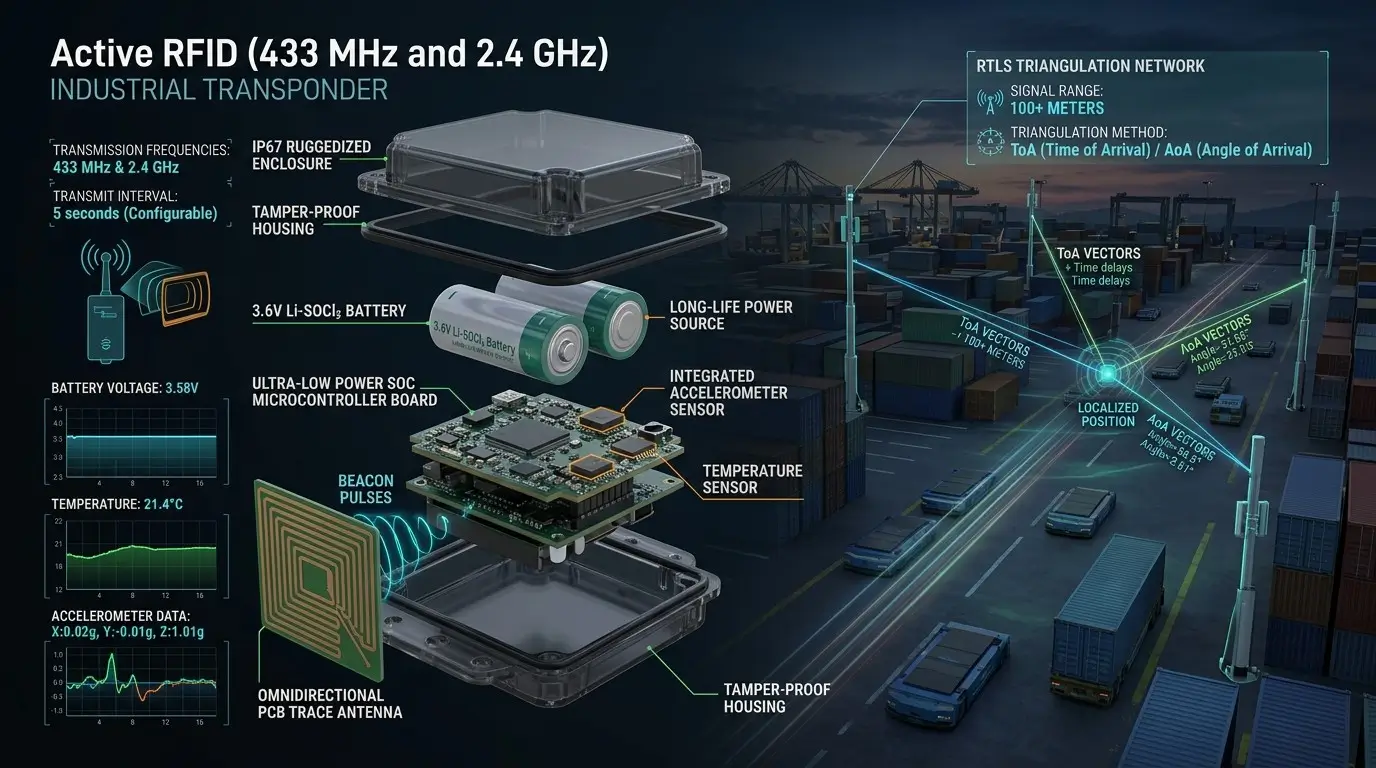 Active RFID transponder for industrial RTLS at 433MHz and 2.4GHz