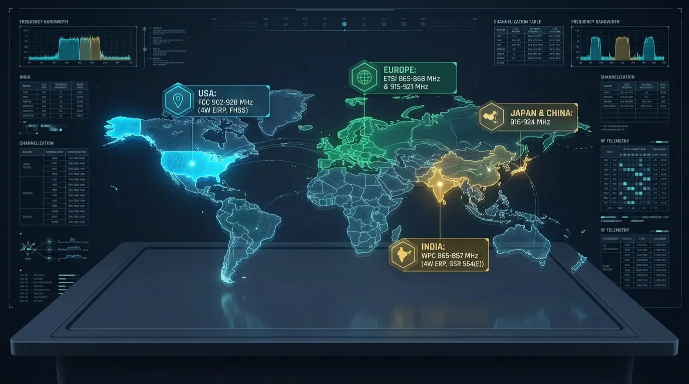 Global RFID regulatory allocation map showing WPC, FCC, and ETSI compliance areas
