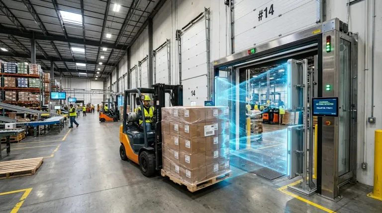 RFID dock door portal in a warehouse for tracking shipments RFID dock door portal in a warehouse for tracking shipments