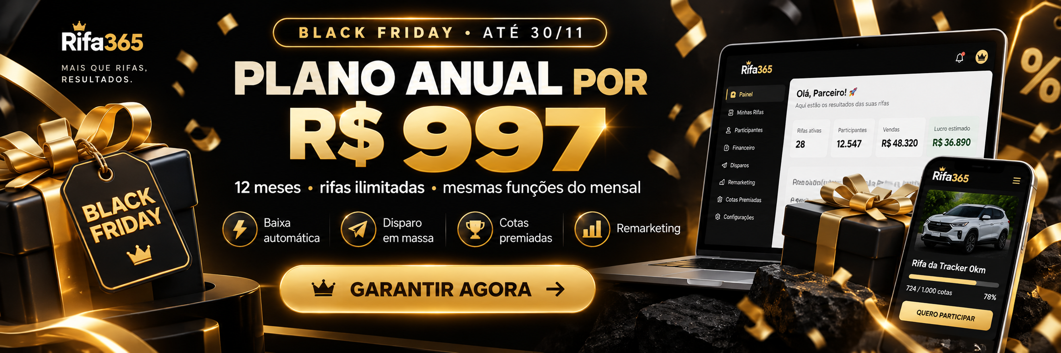 Black Friday Rifa365 2026: plano anual com rifas ilimitadas por R$ 997