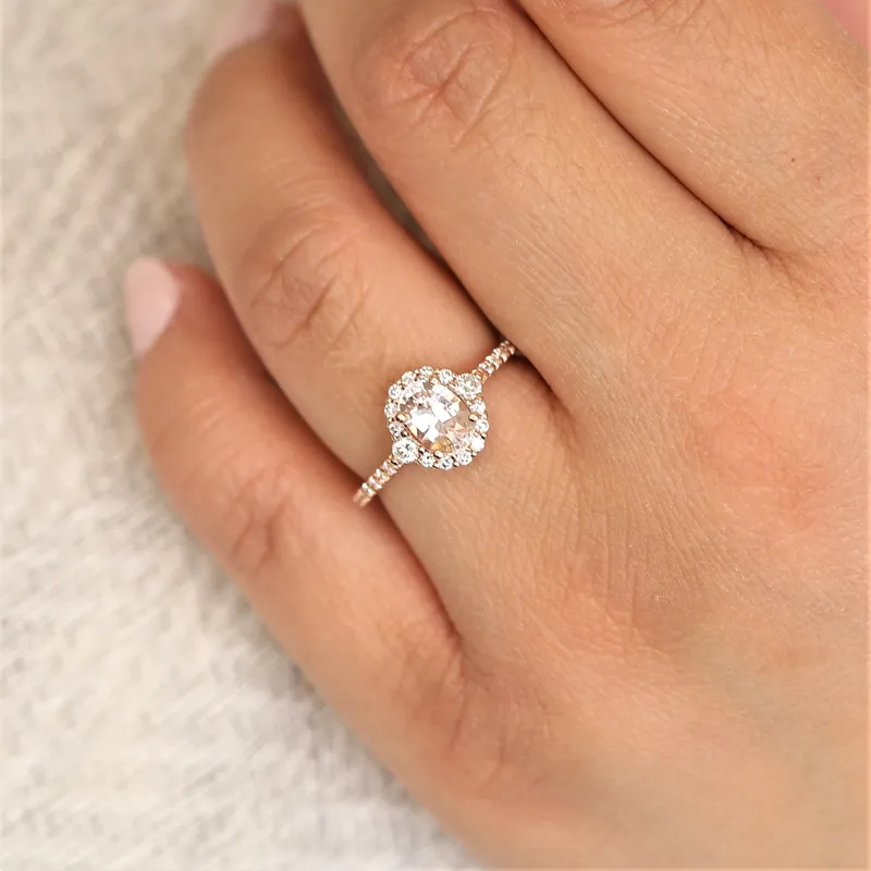1.29cts Ready to Ship Bridgette 14kt Rose Gold Peach Sapphire Diamond Unique Halo Ring vy 4