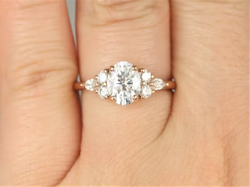 1.50ct Thea 8x6mm 14kt Rose Gold Moissanite Diamond Unique Cluster Ring vy 7