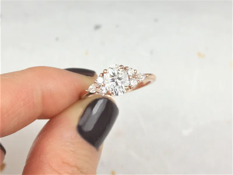 1.50ct Thea 8x6mm 14kt Rose Gold Moissanite Diamond Unique Cluster Ring vy 8