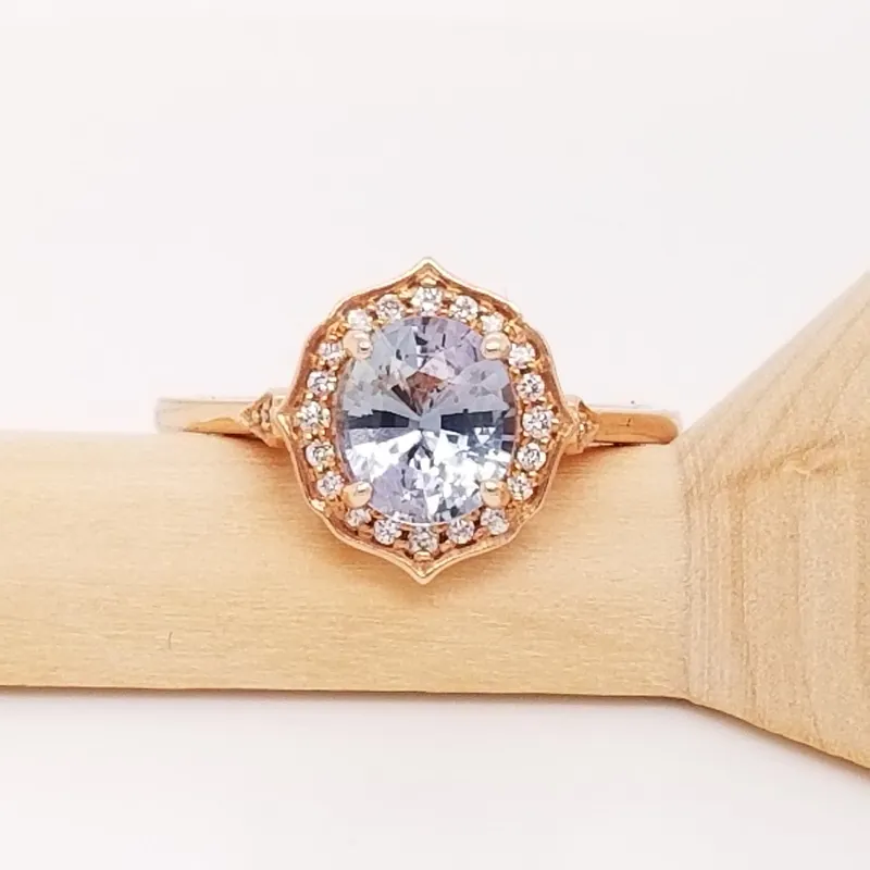 1.51ct Ready to Ship Mae 14kt Rose Gold Oval Icy Lavender Sapphire Diamond Unique Oval Halo Ring view 5