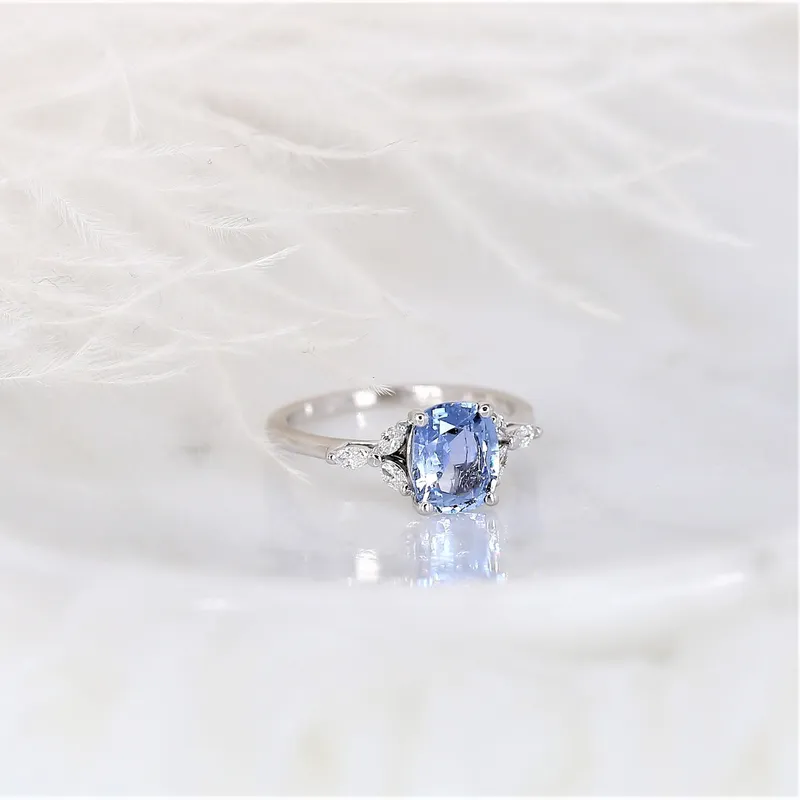 1.77ct Ready to Ship Geneva 14kt White Gold Cornflower Lavender Sapphire Diamond 3 Stone Cushion Cluster Ring view 3