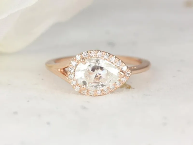1.50ct LeStrange 9x6mm 14kt Rose Gold Moissanite Diamond Split Shank East West Set Pear Halo Ring view 2