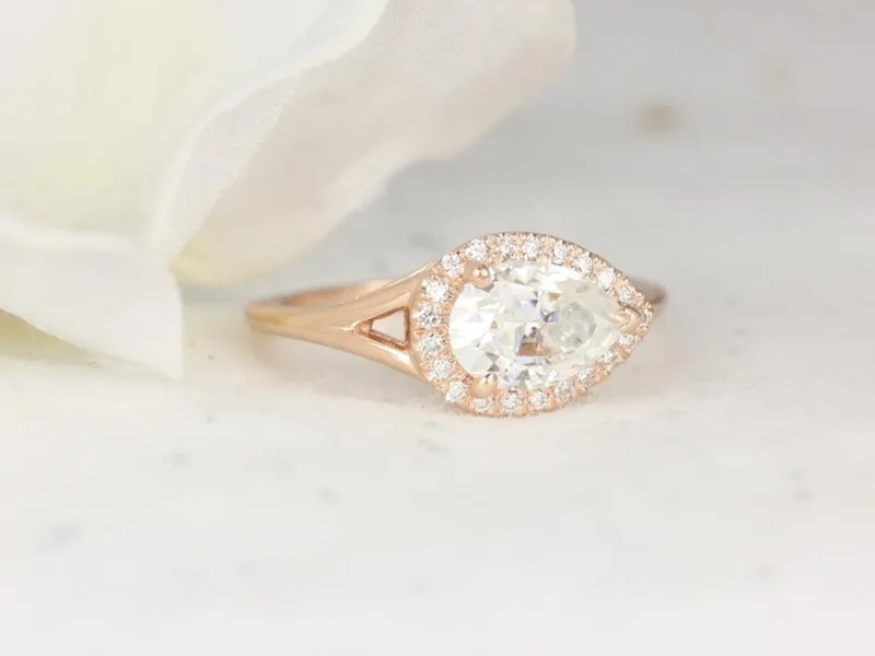 1.50ct LeStrange 9x6mm 14kt Rose Gold Moissanite Diamond Split Shank East West Set Pear Halo Ring view 3