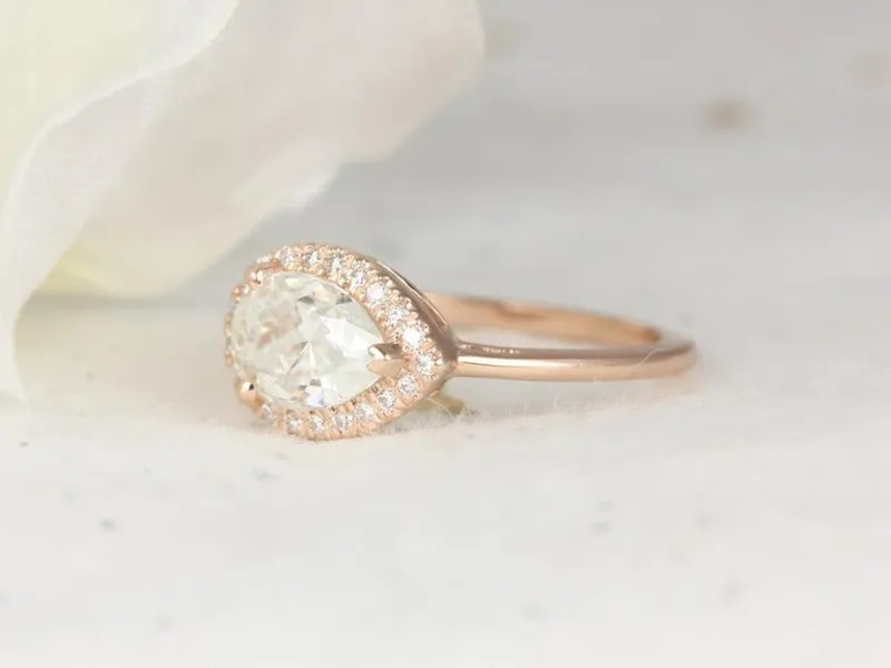 1.50ct LeStrange 9x6mm 14kt Rose Gold Moissanite Diamond Split Shank East West Set Pear Halo Ring view 4