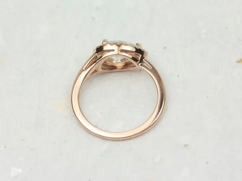 1.50ct LeStrange 9x6mm 14kt Rose Gold Moissanite Diamond Split Shank East West Set Pear Halo Ring view 5