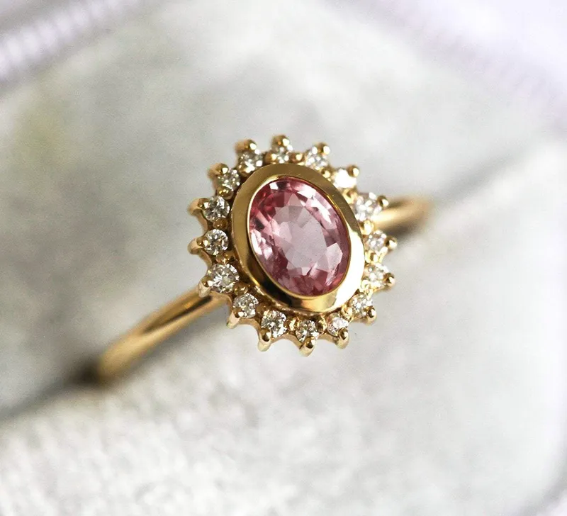 ANGIE PEACH PINK SAPPHIRE DIAMOND RING view 10