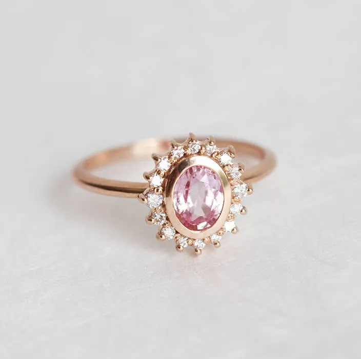 ANGIE PEACH PINK SAPPHIRE DIAMOND RING view 2