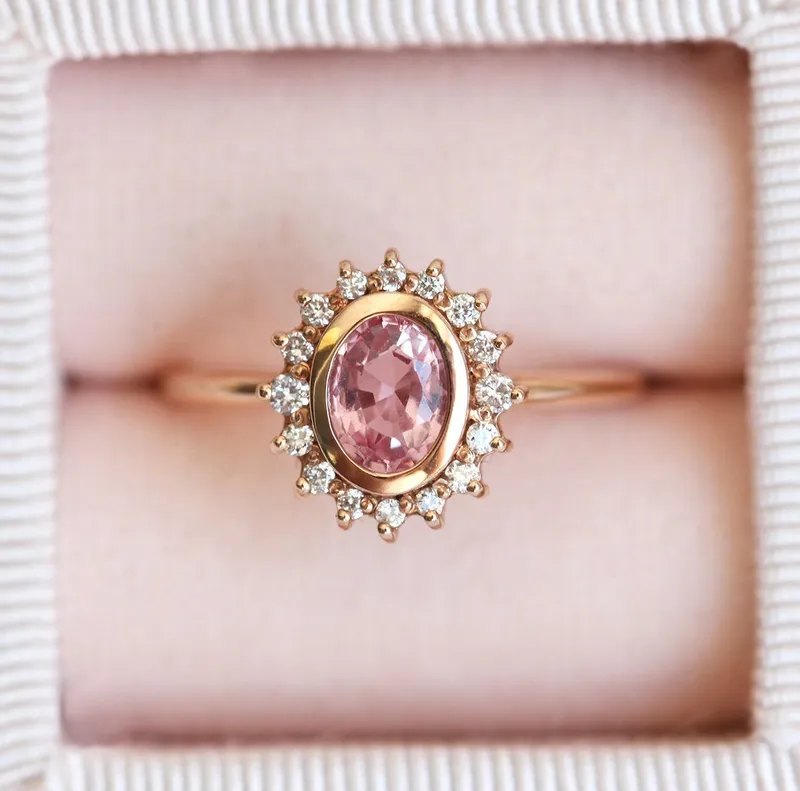 ANGIE PEACH PINK SAPPHIRE DIAMOND RING view 4