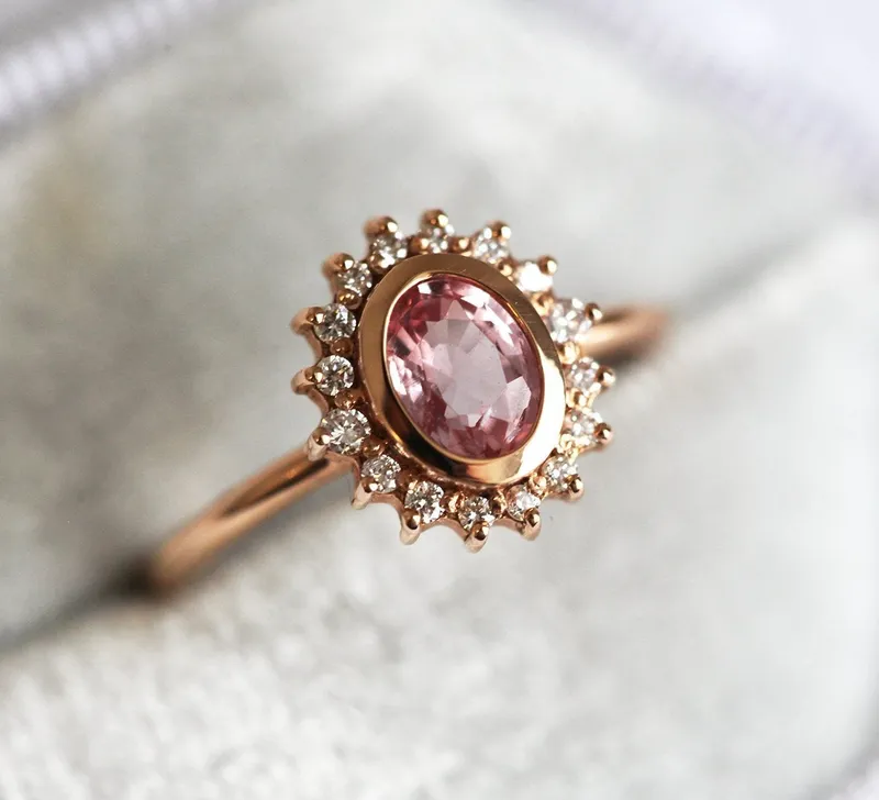 ANGIE PEACH PINK SAPPHIRE DIAMOND RING view 5