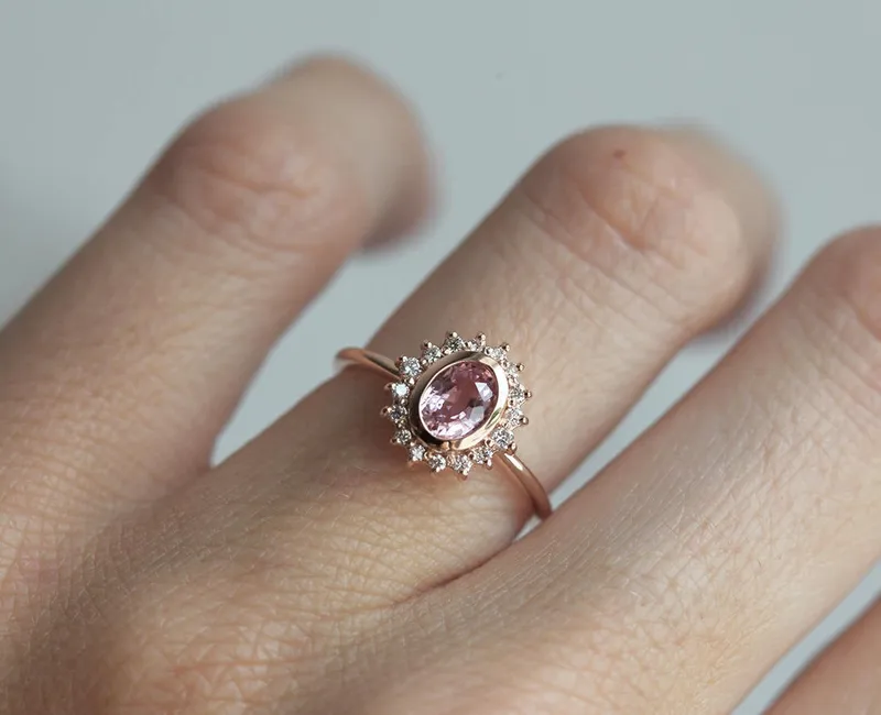 ANGIE PEACH PINK SAPPHIRE DIAMOND RING view 7