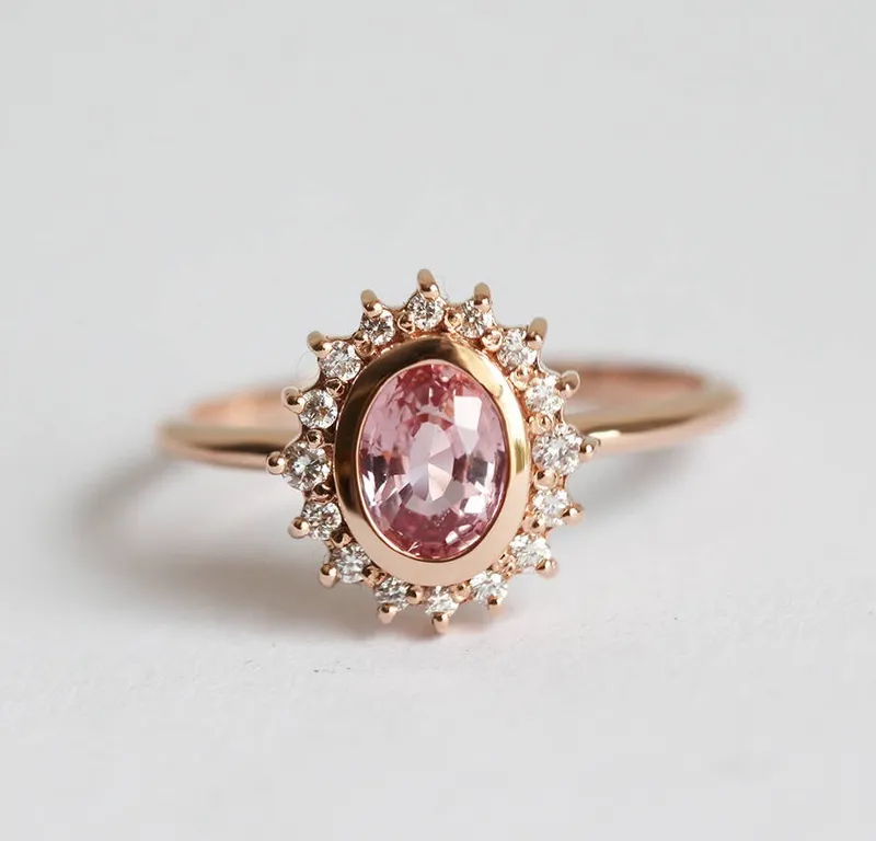 ANGIE PEACH PINK SAPPHIRE DIAMOND RING view 8