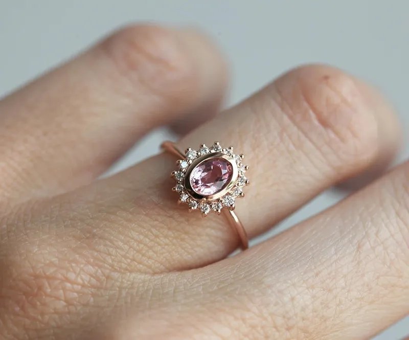 ANGIE PEACH PINK SAPPHIRE DIAMOND RING view 9