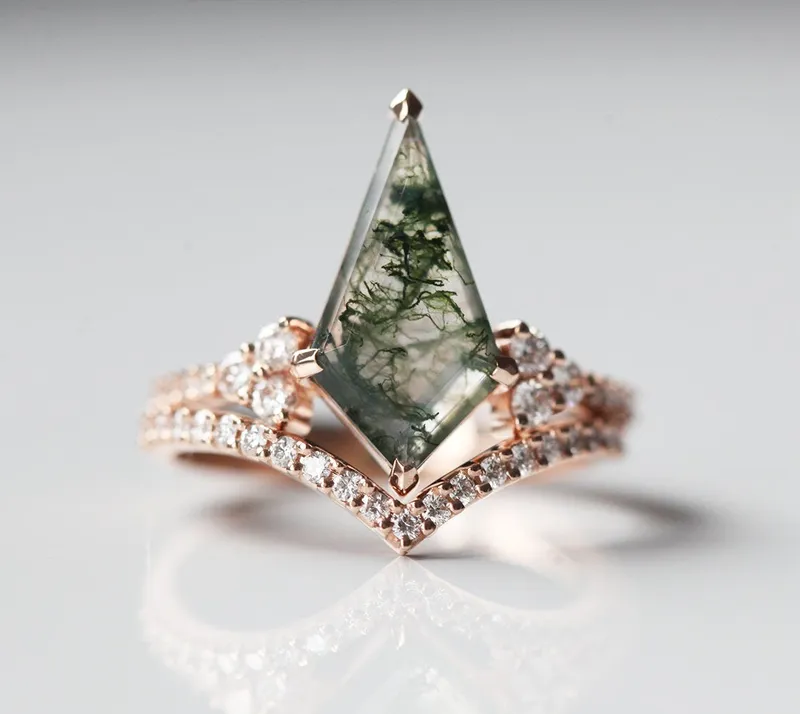 AALIYAH KITE MOSS AGATE AND DIAMOND RING SET view 2