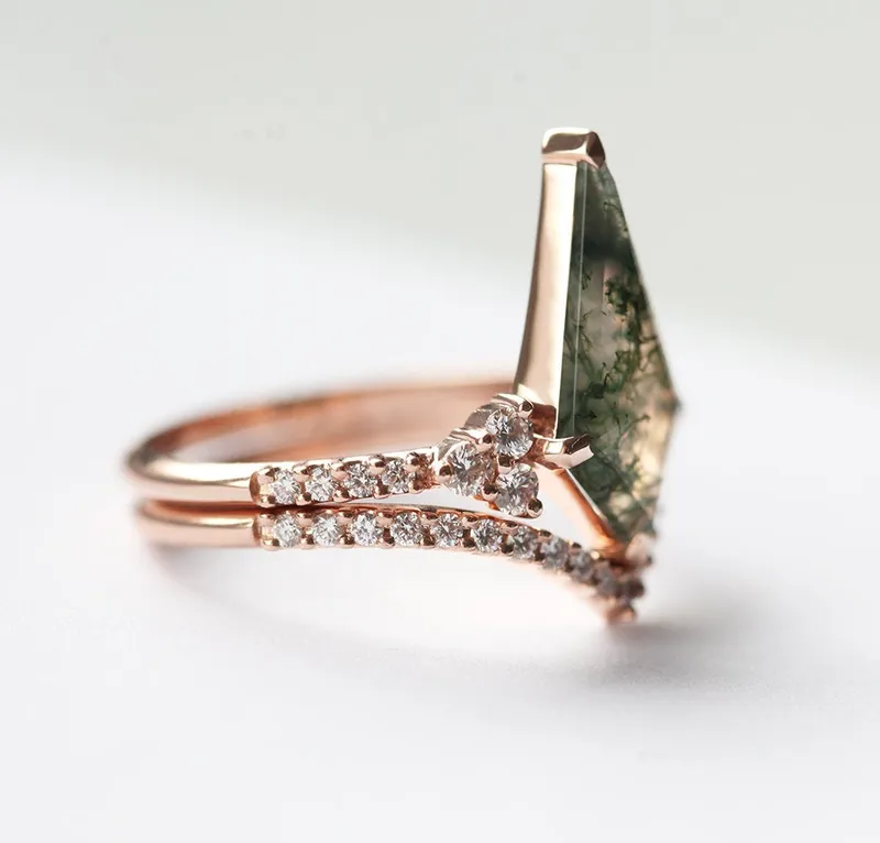 AALIYAH KITE MOSS AGATE AND DIAMOND RING SET view 3
