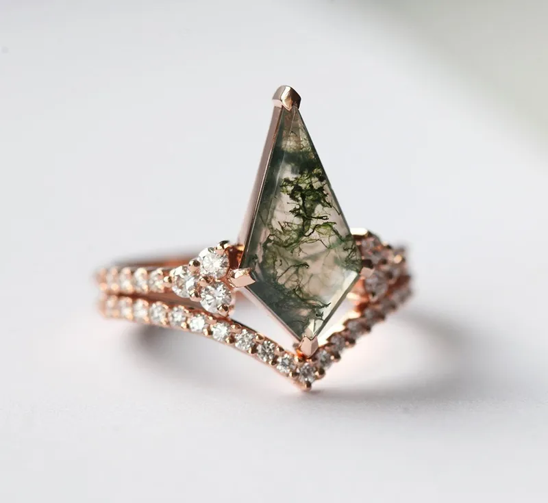 AALIYAH KITE MOSS AGATE AND DIAMOND RING SET view 4