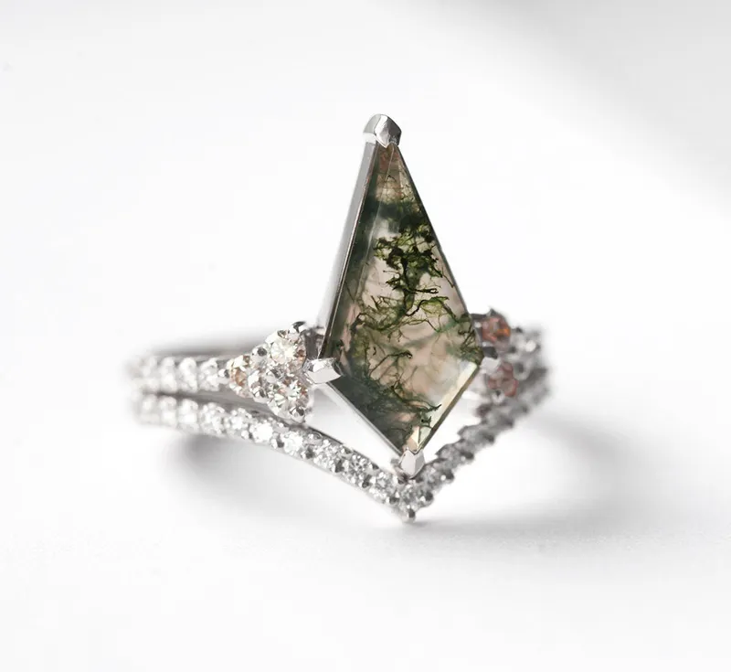 AALIYAH KITE MOSS AGATE AND DIAMOND RING SET view 5