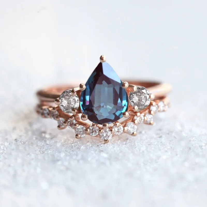 Alva Pear Alexandrite Ring Set pear cut engagement ring